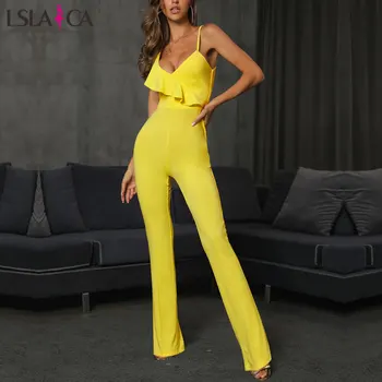 

2019 Autumn Ladies Sleeveless Solid Jumpsuits V-neck High Waist ruffles backless jumpsuits for Women Casual Wide Leg Jumpsuits