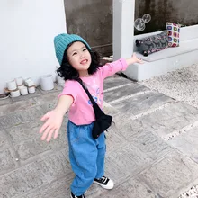 Ю. Дети Детские ковбойские штаны Для мужчин и Для женщин Детская осенняя одежда в Корейском стиле красивыми карманами Джинсы Повседневное брюки