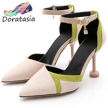 

DORATASIA New Fashions Girl Pointed Toe Mixed Color High Heel Sandals Sandals Women Crystal Back Strap Party Shoes Woman
