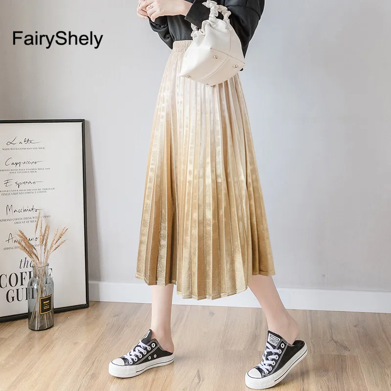 FairyShely,, плиссированная Вельветовая длинная юбка, женская, Осень-зима, эластичная лента, высокая талия, Теплая юбка, абрикосовая, макси, офисная юбка