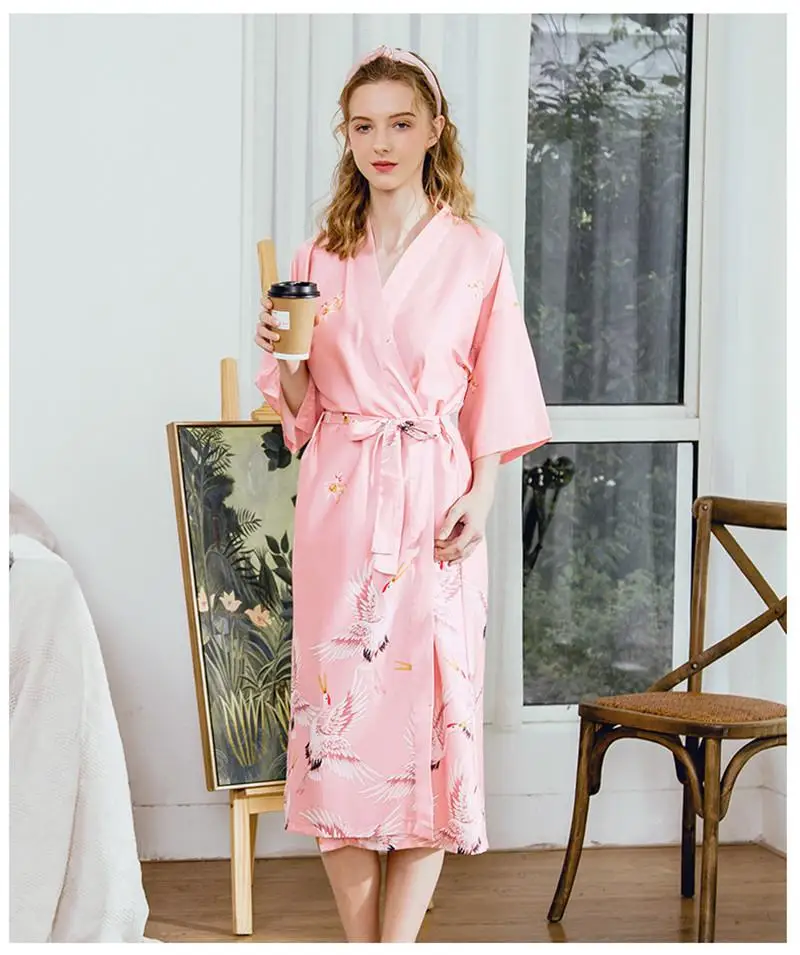 Новинка, кимоно с принтом, халат, женское летнее повседневное домашнее платье, ночная рубашка, одежда для сна, длинный халат, элегантный свадебный домашний халат - Цвет: Pink B