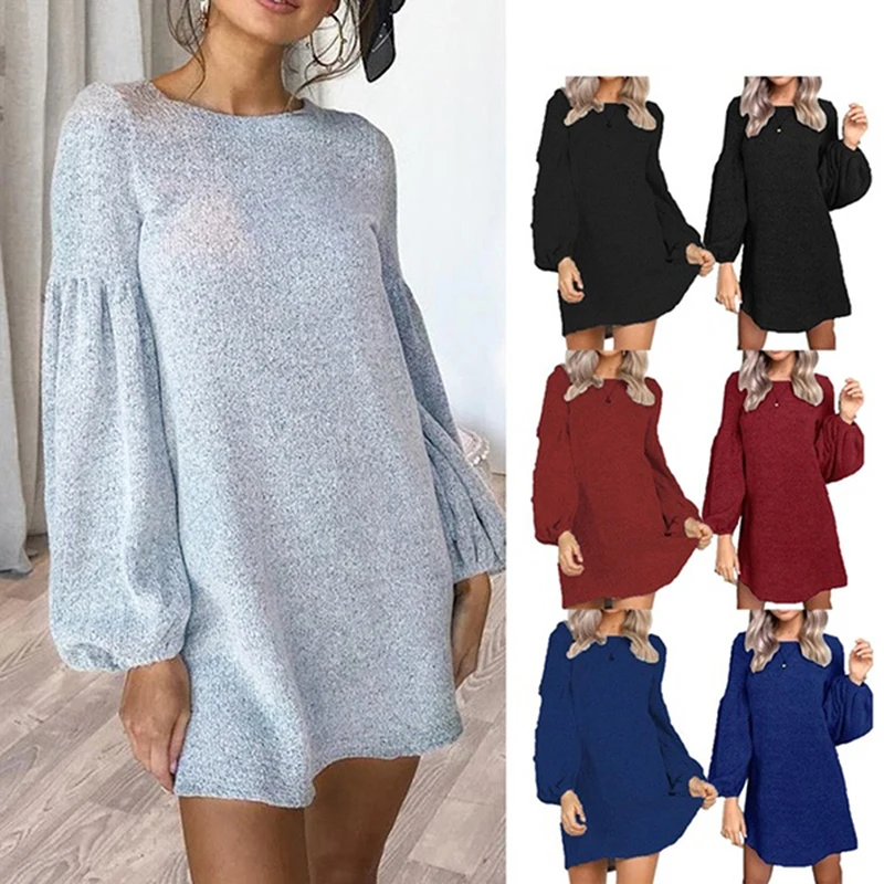 

Fashion Autumn And Winter New Long Sleeve O Neck Solid Color Dress Knitted Long Sweater Dress Women Home Clothing Dresses