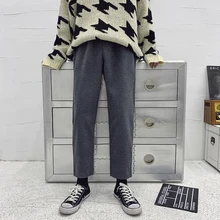 Зима список утолщение материал свободные однотонные брюки кэжуал цвет Низкая талия длинные дикие брюки черный/серый M-2XL