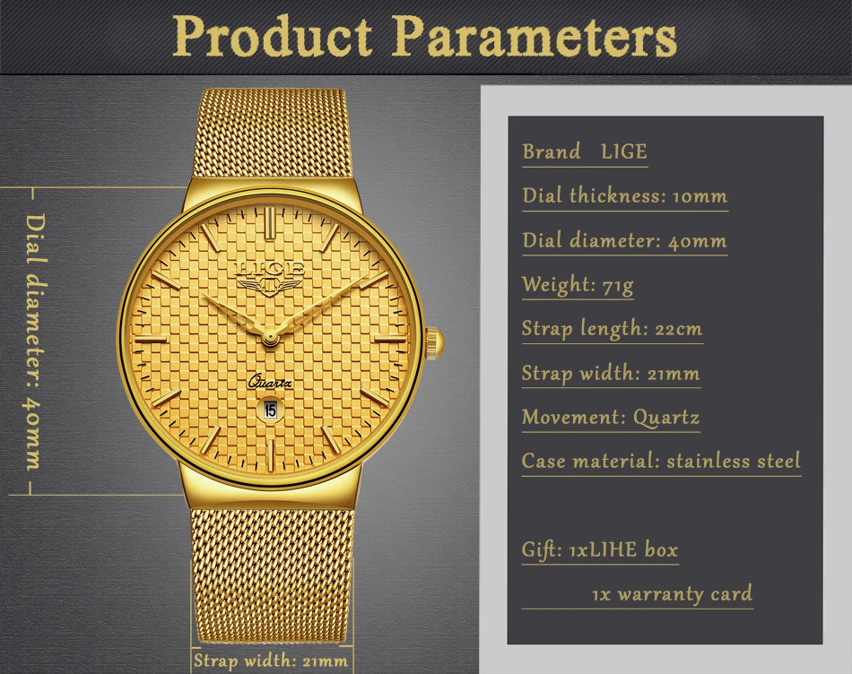 LG, модные мужские часы, Топ бренд, роскошные, золотые, цвет, кварцевые часы, мужские, стальной сетчатый ремешок, водонепроницаемые, золотые часы, Relogio Masculino