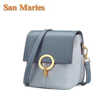 

San Maries Genuine Leather Luxury Bucket Handbags Women Messenger Bag Famous Brand Shoulder Bags Designer Female Tote 2 Straps