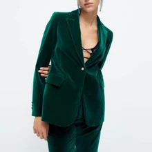 

FAKUNTN Women Long 2021 Green BlazerSleeve Velvet Blazer Woman Office Casual Button Jacket Fashion Loose Autumn Female Suit
