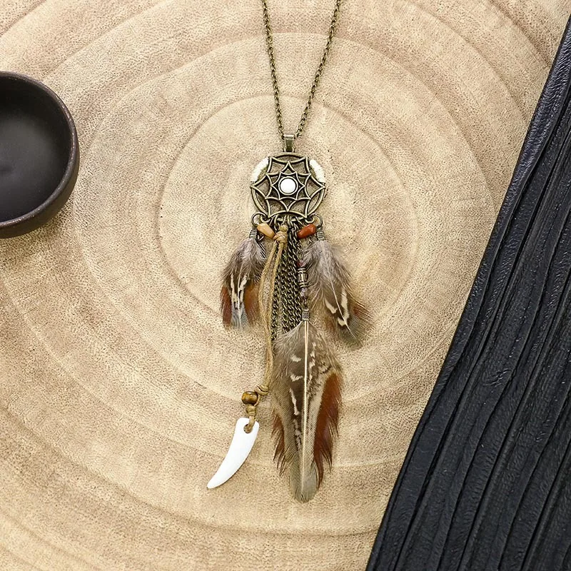 Exknl Women Bohemian Ethnic Long Chain Feather Dreamcatcher Skeleton Tassel Pendant Necklace Choker Boho Jewelry Accessories