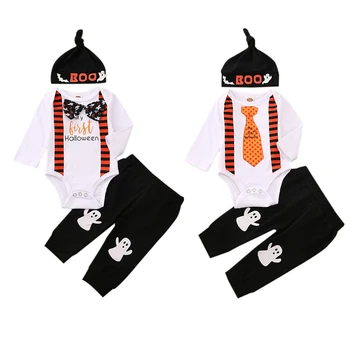 

3PCS Sets Newborn Baby Boys Girls Clothes Autumn Bowknot Print Tops T-shirt+Halloween Pants+Hat Infant Baby Outfit