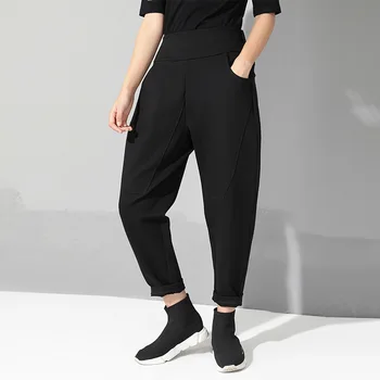 

Europe New Women's Fashion Autumn High Street Elastic Waist Harem Croos Pencil Black Pants Female Casual Oversize Long Trousers