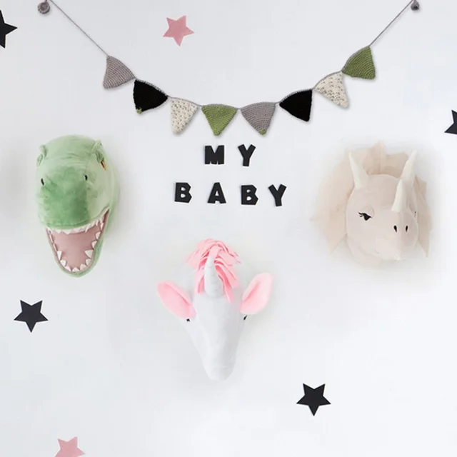 Nordic Style Plush Toys Dinosaur Unicorn Animal Head Wall Hanging Decoration Modern Minimalist Home Decor Boys Kids Room Decor 3