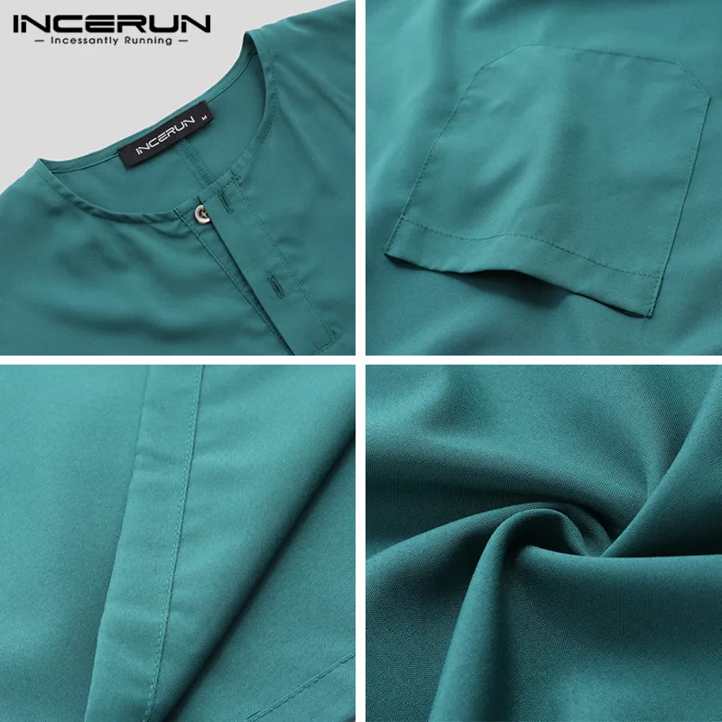 INCERUN jubba tobe мужской исламский, Арабский Кафтан сплошной короткий рукав свободные ретро-платья abaya Ближний Восток мусульманская одежда плюс размер 7
