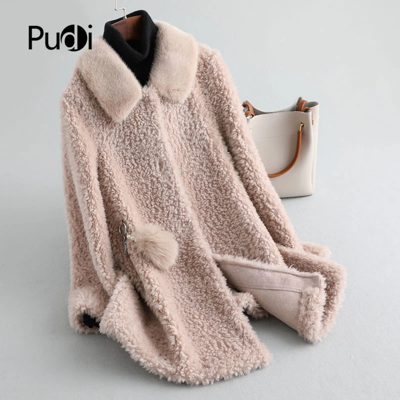 Pudi A19066 женская зимняя простая стильная натуральная шерсть шуба норковый меховой воротник куртка пальто Женская мода натуральная меховая шуба верхняя одежда