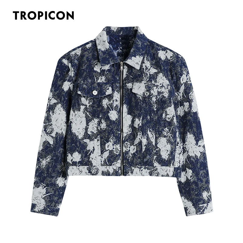 

TROPICON Snowflake Denim Jacket For Women 2021 Shoulder Pad Cropped Jean Jacket Blue Denim Coat Fall 2021 Womens Fashion