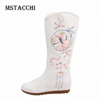 

Mstacchi Woman Embroider Height Increasing Half Boots Ethnic Warm Antiquity Boots Retro Girl Winter Round Toe Western Flat with