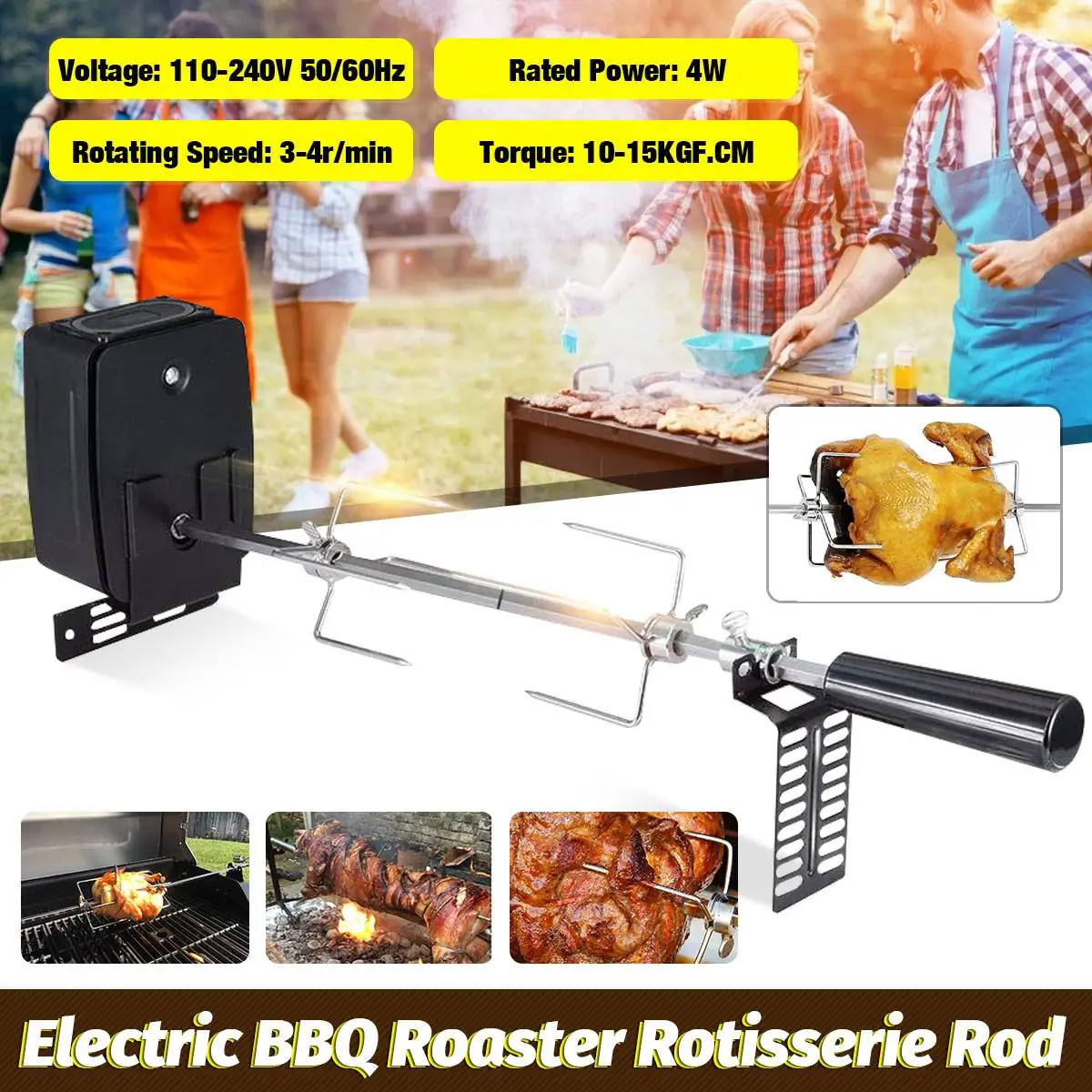 4W Electric Rotisserie Motor Spit Grill Roaster Rod Camping Charcoal BBQ  SU 