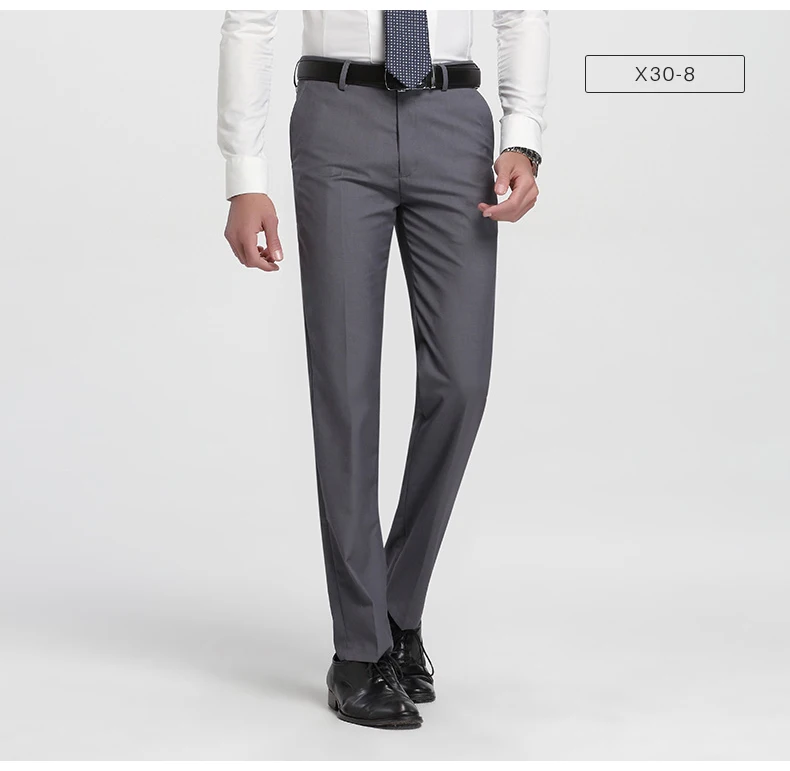 Men's Slim Fit Flat-Front Suit Separate Pant Formal Wedding Business Straight Male Trousers Light Grey Thin Office Dress Pants