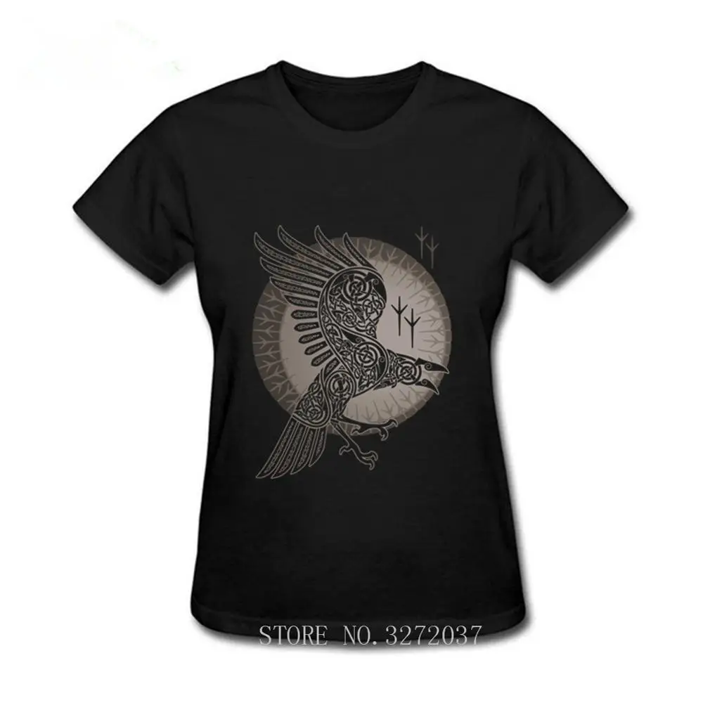 

Viking women T Shirts Raven Valhalla T-Shirt Vintage Round Neck Short Sleeves Tops 100% Cotton ladys Tee Shirt
