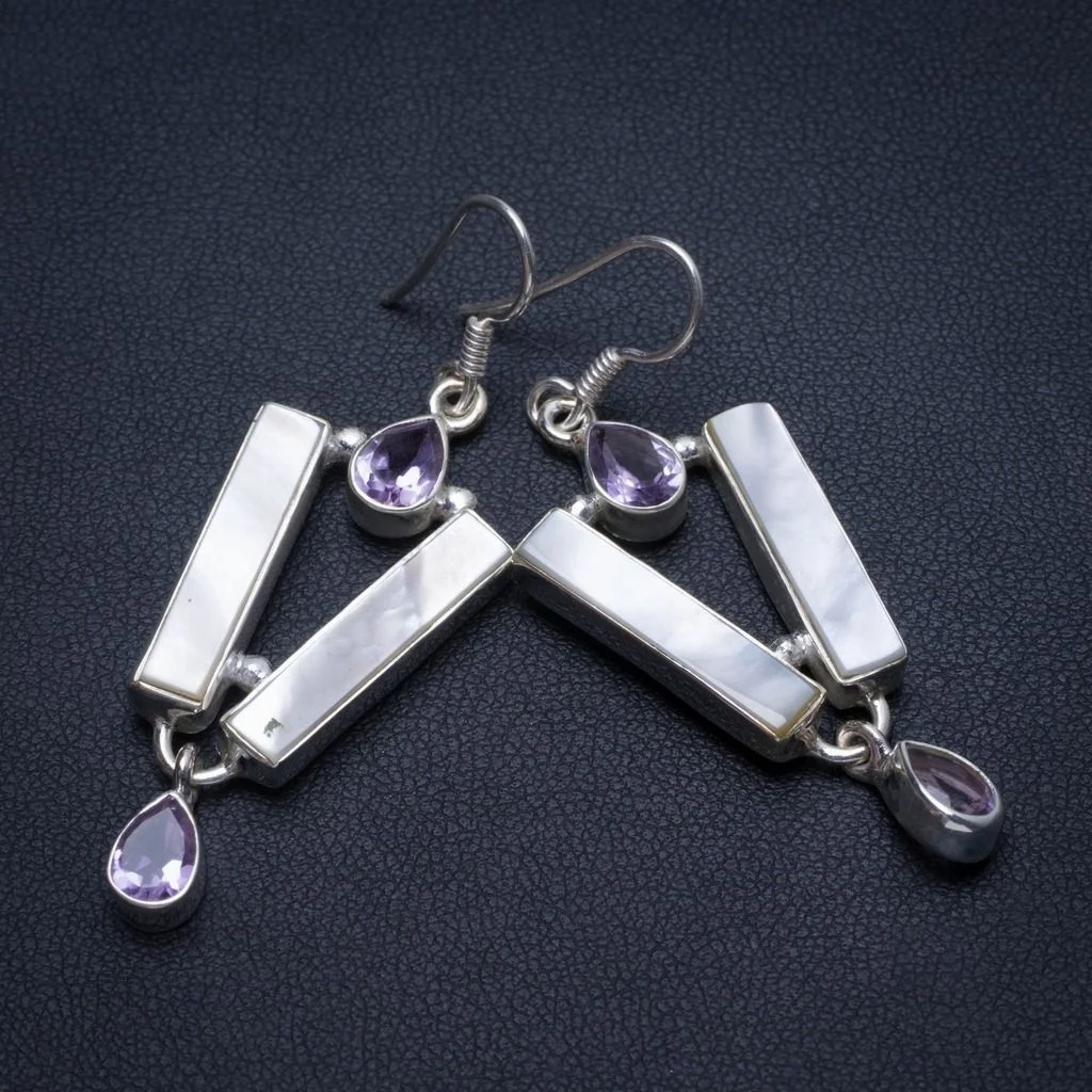 

Natural Mother Of Pearl and Amethyst Handmade Vintage 925 Sterling Silver Earrings 2" T3840