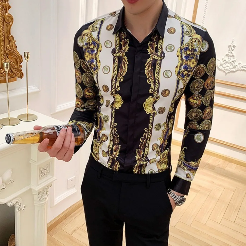 Luxury Gold Print Men Shirt Casual Slim 