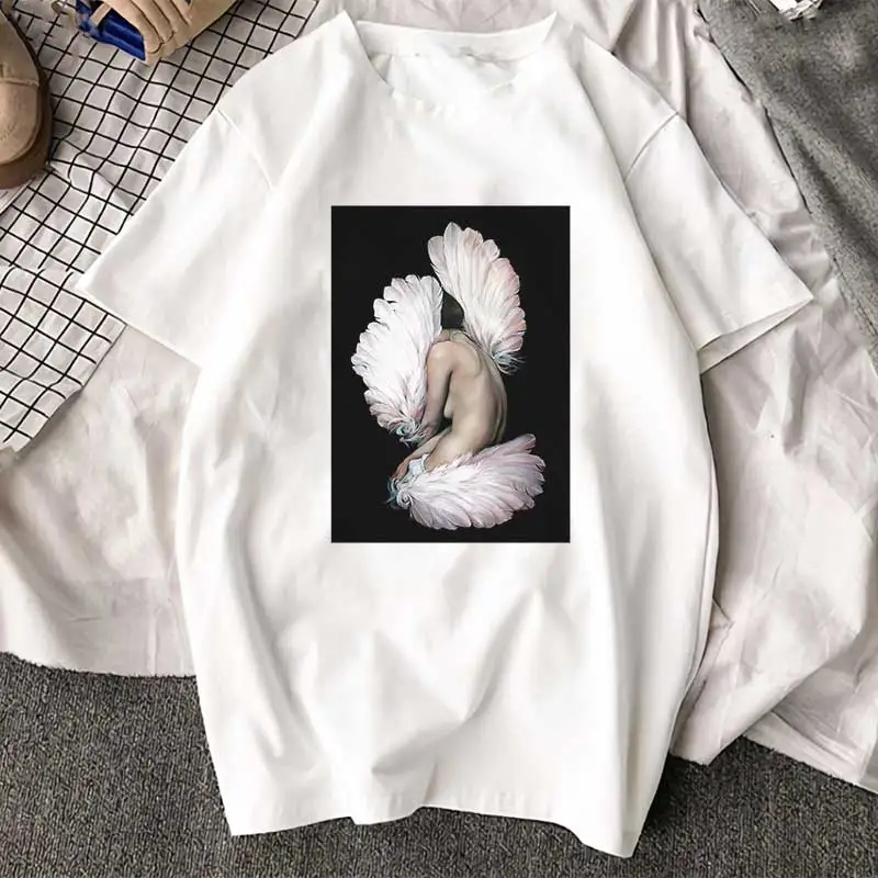 New Arrival Harajuku Aesthetics Tshirt Sexy Flowers Feather Print Short Sleeve Tops & Tees Fashion Casual Couple T Shirt