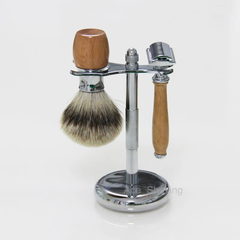 Щетка для бритья из бука и металлической ручки Silvertip Badger с двойным лезвием из нержавеющей стали