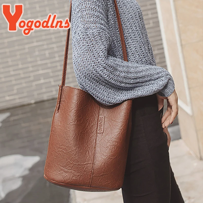 Vintage Women Pu Shoulder Bucket Handbags  Leather Shoulder Tote Handbags  - Vintage - Aliexpress