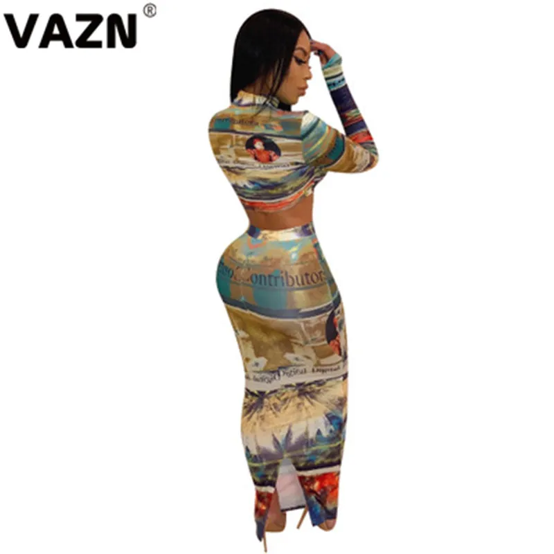 VAZN QM3866 стиль наряды выдалбливают сексуальный клуб винтажное платье-водолазка с длинными рукавами женские макси юбки комплект из 2 предметов