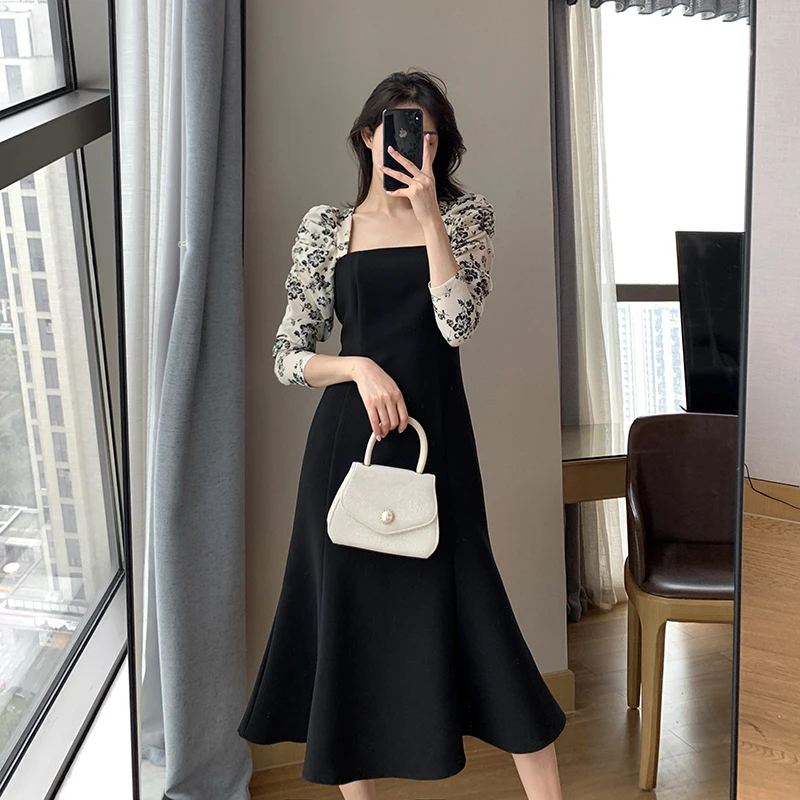 Vintage Maxi Dresses for Women Party Patchwork Long Sleeve Square Collar Floral Slim Mermaid Woman Dress Elegant Autumn 2021 New | Женская