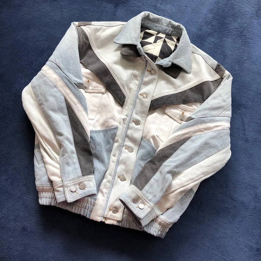 

2019 new ladies high quality fashion long-sleeved lapel stitching quilted denim jacket 0907