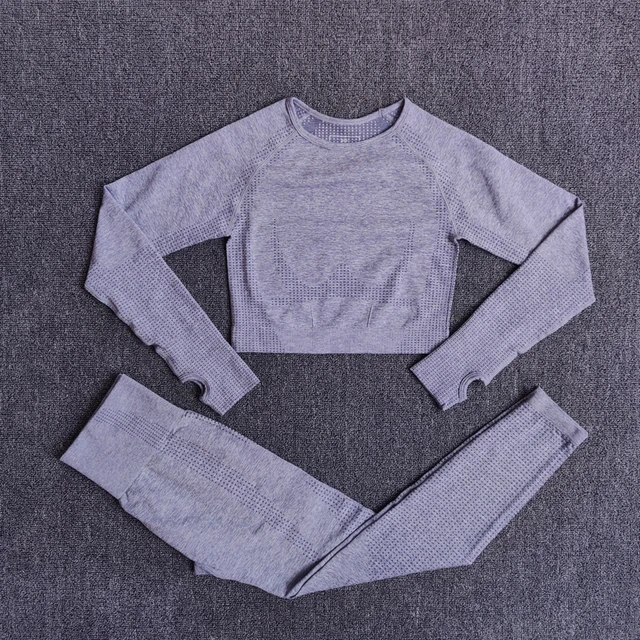 2/3/5PCS Seamless Women Yoga Set Workout Sportswear Gym Clothing Fitness Long Sleeve Crop Top High Waist Leggings Sports Suits Gray