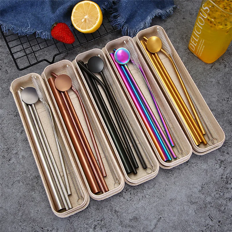 Environmentally Friendly 3pcs Stainless Drink Straws Set with carry box+1pcs Cleaner Brush, Reusable Straw Bar Accessories