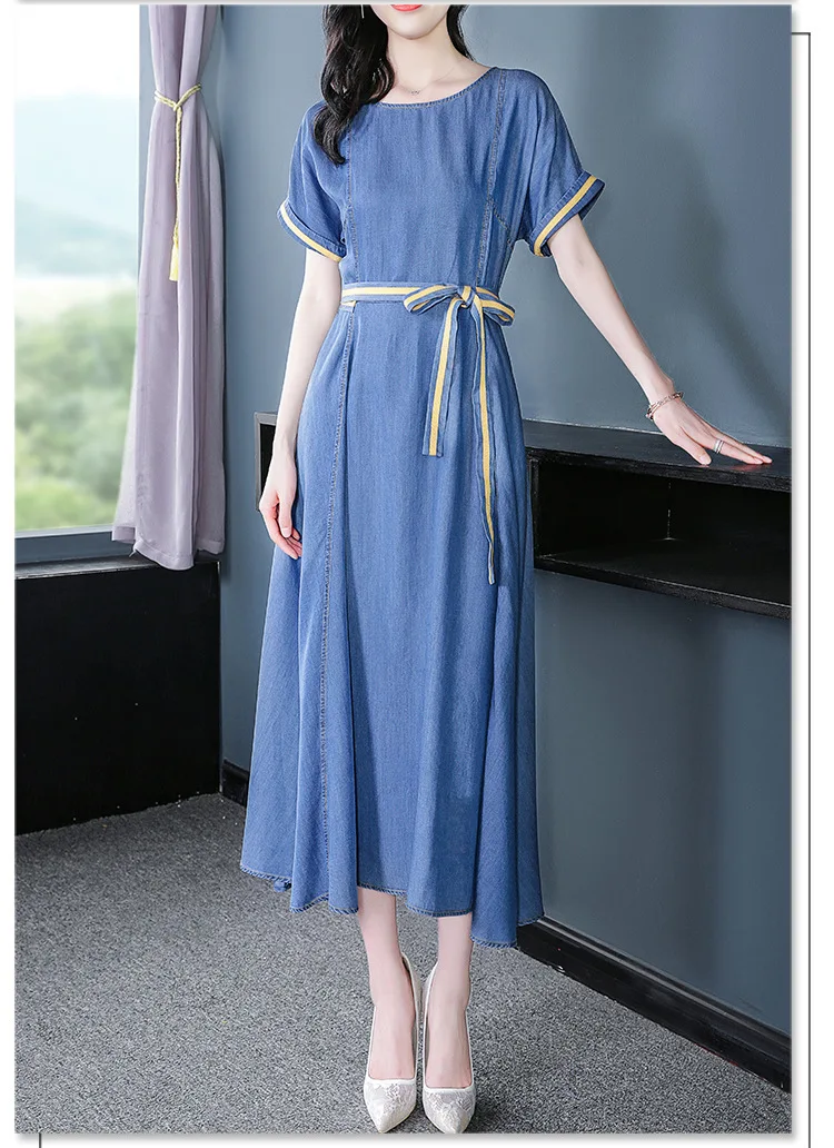 Tencel, джинсовое платье для женщин, весна, новинка, темперамент, круглый вырез, тонкое платье, vestidos de verano, сексуальное женское платье, Ретро стиль