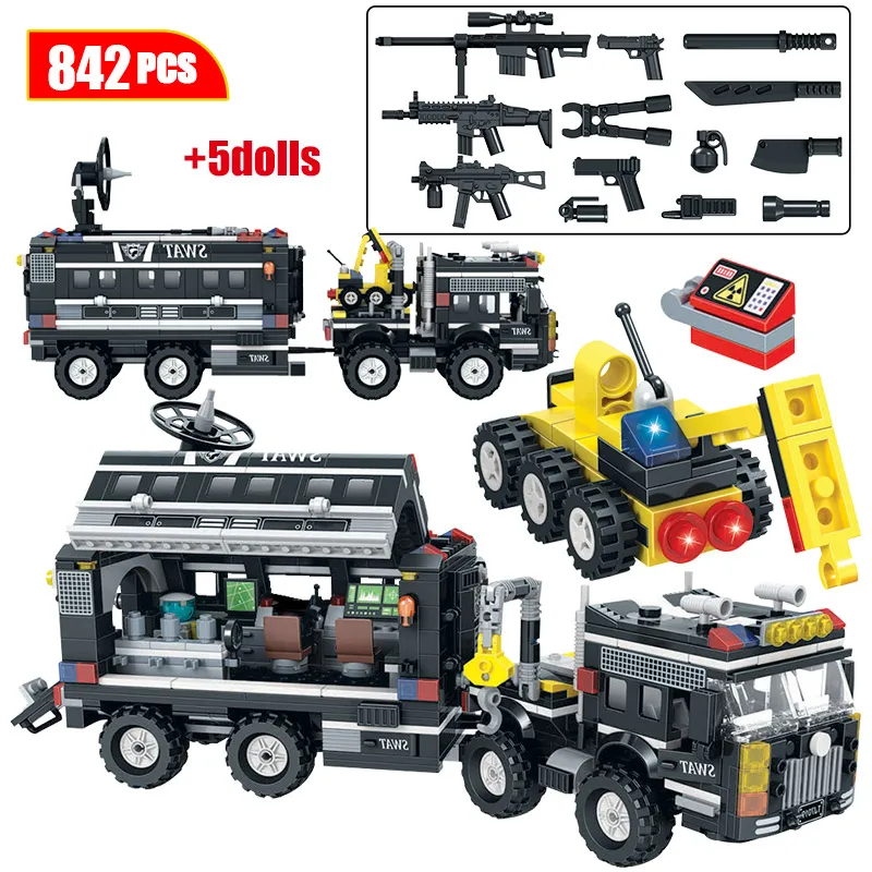 

842pcs Police SWAT Truck DIY Car Building Blocks Legoing City Police Station Weapon Figures Bricks Educational Toys for Childre