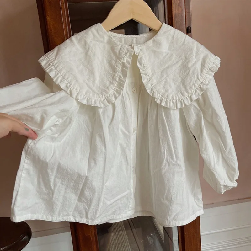 Autumn Girls Blouse Doll Collar Turn-down Shirt Fashion Children Tees Cotton Tops Long Sleeve Kid Clothing +plaid Overall skirt