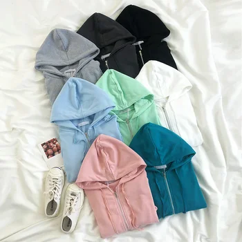 

Casual Loose Zipper Hooded Women 2020 Spring Solid Loose Streetwear Colorful Pockets Korean Style Cotton Harajuku Cardigan
