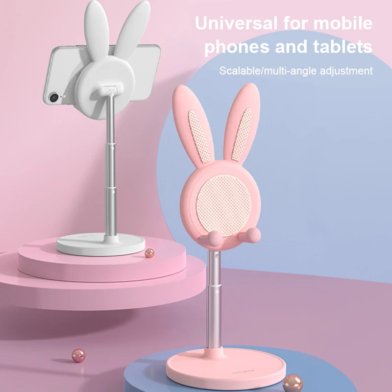 Cute Bunny Phone Metal Holder Desktop Cell Phone Stand Height Angle Adjustable For iPhone iPad Tablet Foldable Extend Support
