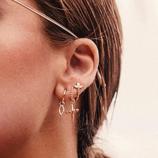 

3pcs Set Women Metal Hoop Gold Color Cross Ear Studs Earrings Party Punk Earring Jewelry long earrings
