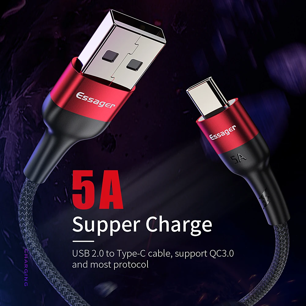

Essager 5A USB Type C Cable For Huawei Mate 20 P30 P20 Pro Lite Xiaomi Redmi Note 7 USBC Type-C Cord Fast Charging USB-C