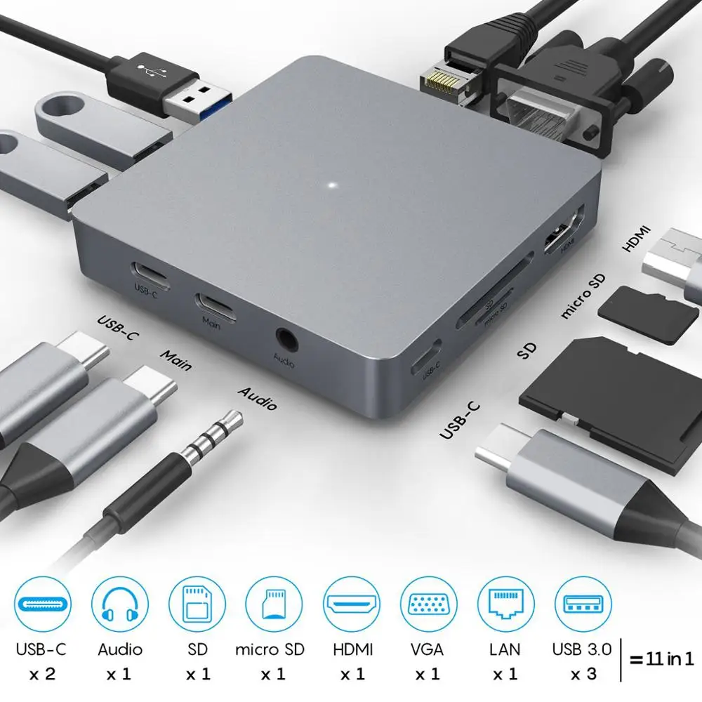 USB C HUB 11 IN 1 Type c Adapter USB C to HDMI 3.5mm Jack Audio SD TF HDMI VGA RJ45 USB3.0 Type c Docking station for MacbookPRO