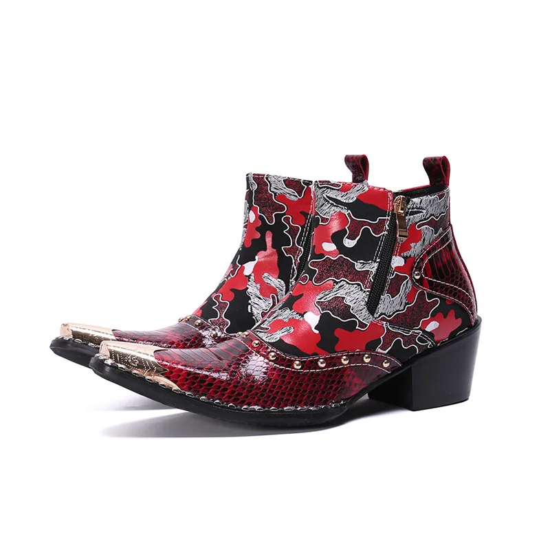 red high heel Красные мужские ботинки Pacthwork; повседневные мотоциклетные ботинки на высоком каблуке; кожаные рабочие ботинки с квадратным носком; зимняя обувь на молнии со стразами - Цвет: red high heel