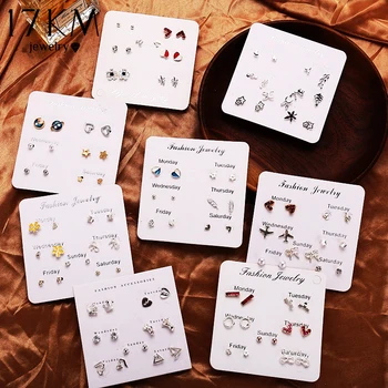 

17KM 12 PCS/set Trendy Geometric Heart Stud Earrings Set For Women Fashion Crystal Elegant Pearl Earring Daliy 2020 Jewelry