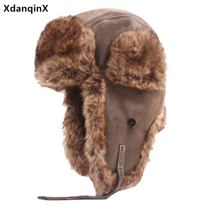 

New Winter Men's Imitation Leather Warm Bomber Hats Plus Thick Velvet Fluffy Earmuffs Cap Cold Proof Thermal Ski Caps Riding Cap