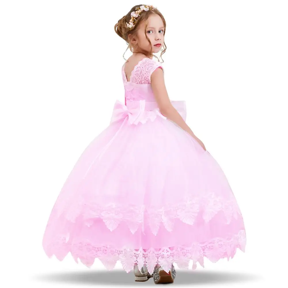 

2020 Fashion Long Gown Girl Formal Princess Dress Wedding Party White Dresses Children Baptism Costume for 6-14 Years Girls Robe