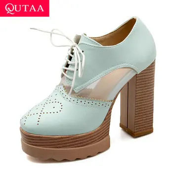 

QUTAA 2020 Platform Patchwork PU Leather Mesh Women Pumps Casual Round Toe Lace Up Square High Heel Women Single Shoes Size34-39