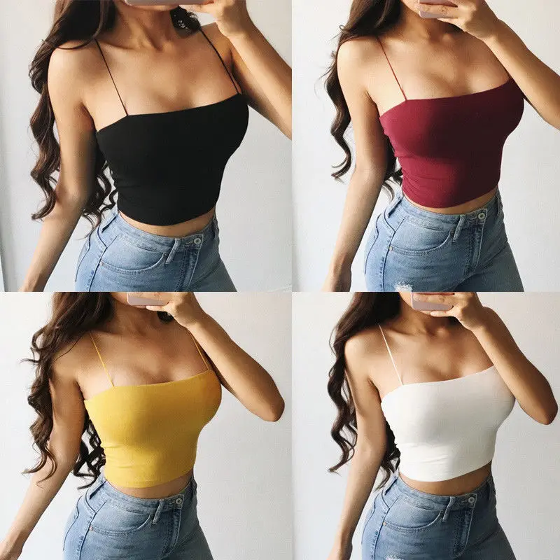 

Summer Sexy Female Crop Tops Women Sleeveless Straps Tank Top Solid Fitness Lady Camis Casual White Black Top 7 Color S-L