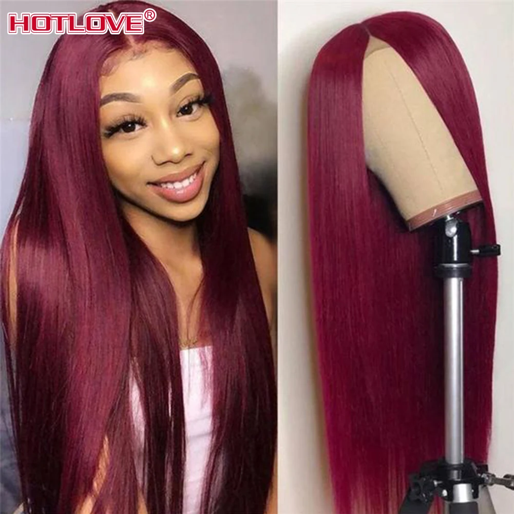 Frente do Laço Perucas de Cabelo Peruca de Cabelo Brasileiro em Linha Parte do Laço Borgonha Humano Reta Peruca Pré-arrancado Remy Cabelo 28 Polegada 99j 13*1 3 Apliques com cabelo humano