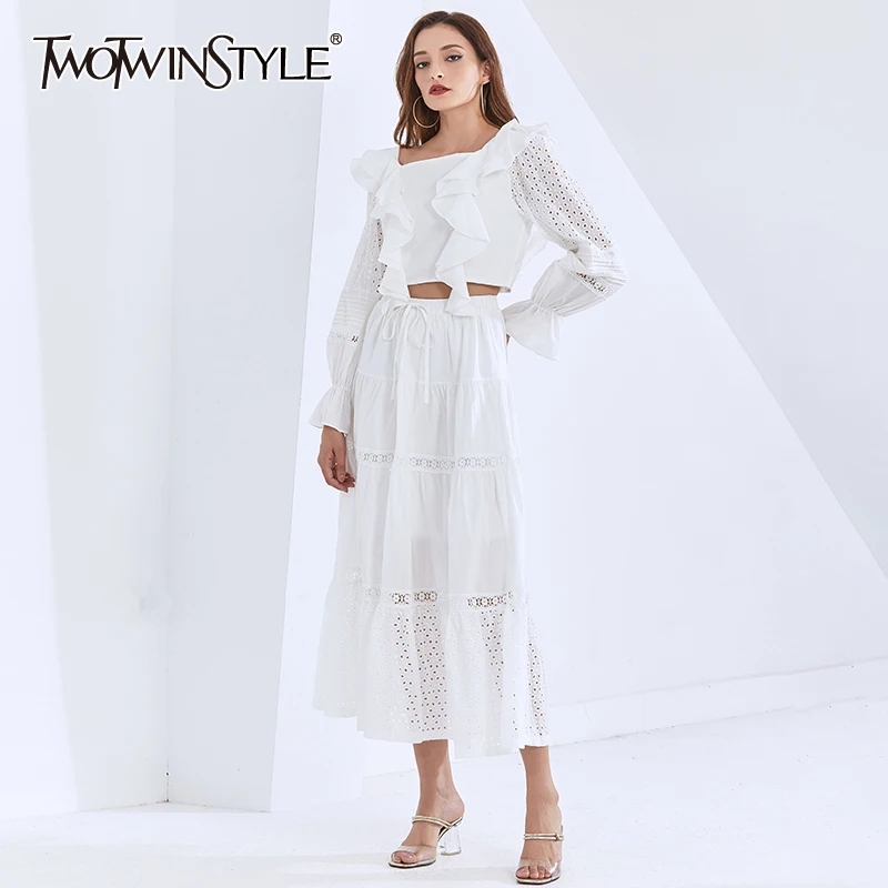 

TWOTWINSTYLE Elegant Patchwork Ruffle Two Piece Set For Women Square Collar Lantern Sleeve Tops High Waist Skirts White Sets New