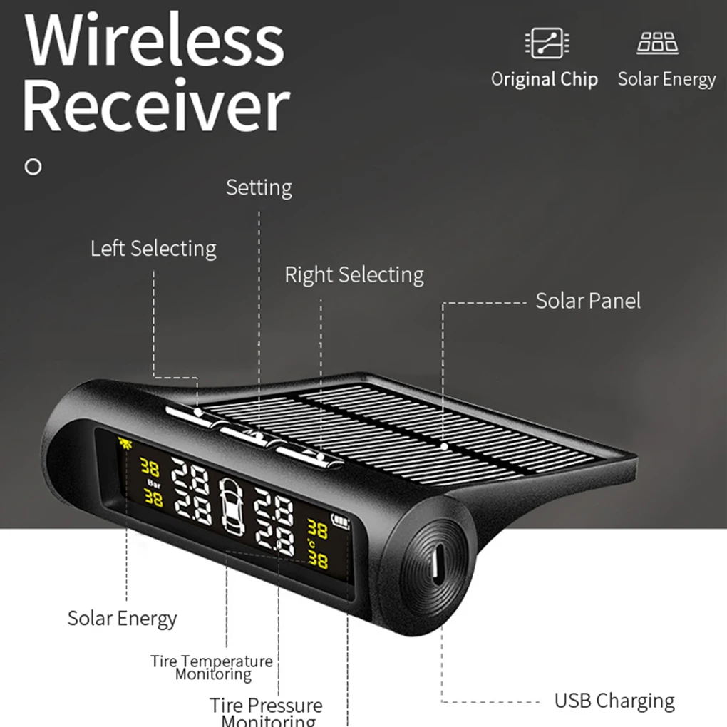 В режиме реального времени Солнечная энергия автомобиля беспроводной TPMS ЖК-дисплей датчик давления в шинах Система+ 4 внешних датчика s