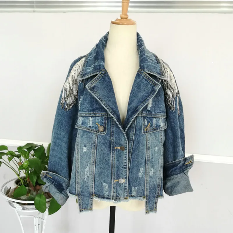 

LANMREM 2020 Spring New Handmade Beaded Tassel Korean Version Of The Hole High-end Heavy Industry Denim Jacket Female 19B-a405