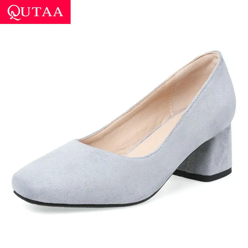 

QUTAA 2020 PU Leather Casual Slip on Women Shoes Square Toe Ladies Pumps Fashion Square High Heel Shallow Single Shoes Size34-43